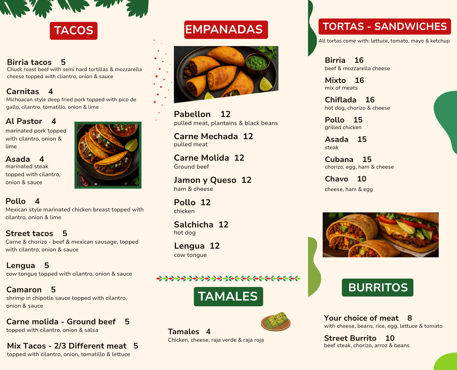 El Gordo Taco Menu Back